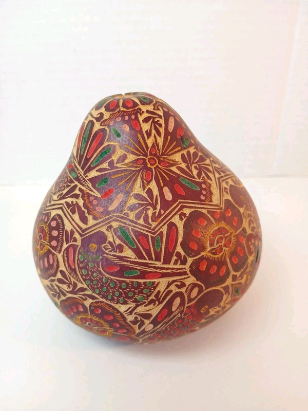 Hand Carved Peruvian Andean Decorative Gourd Bird & Flowers ColorDesign gallery
