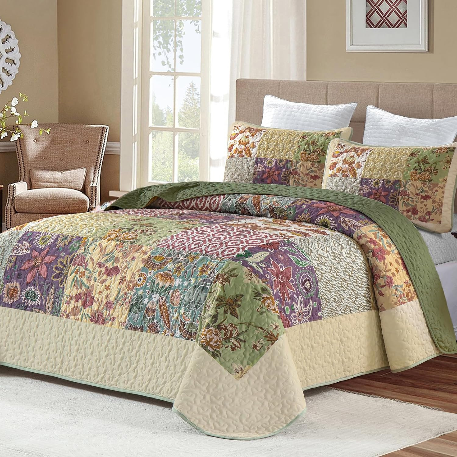 Patchwork Quilt Set King Size, Bohemian Floral Bedspread Green & Beige Coverlet gallery