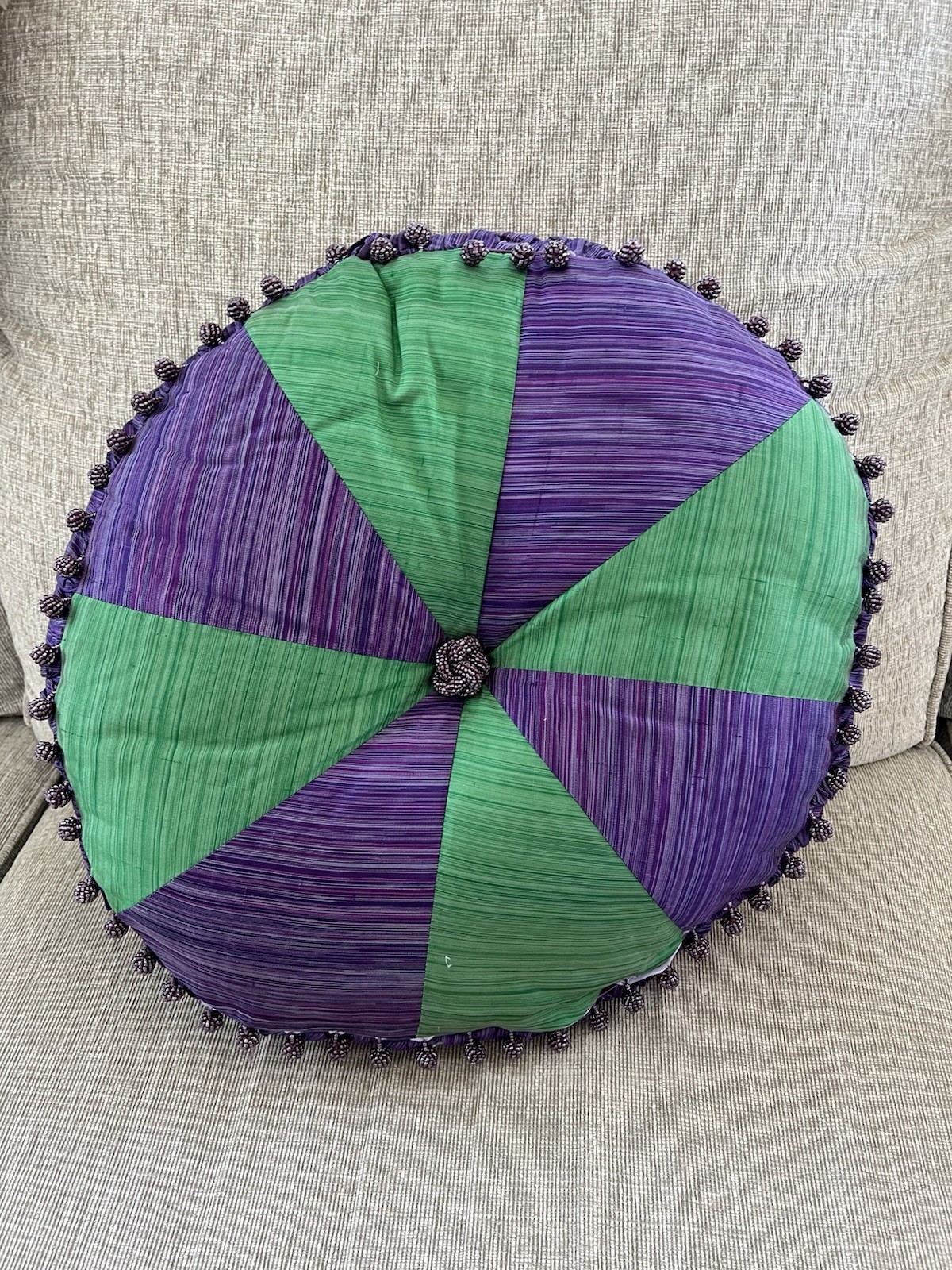 Silk Beaded Throw Pillow Round Rectangular Green Handmade Boho Colorful 18” gallery