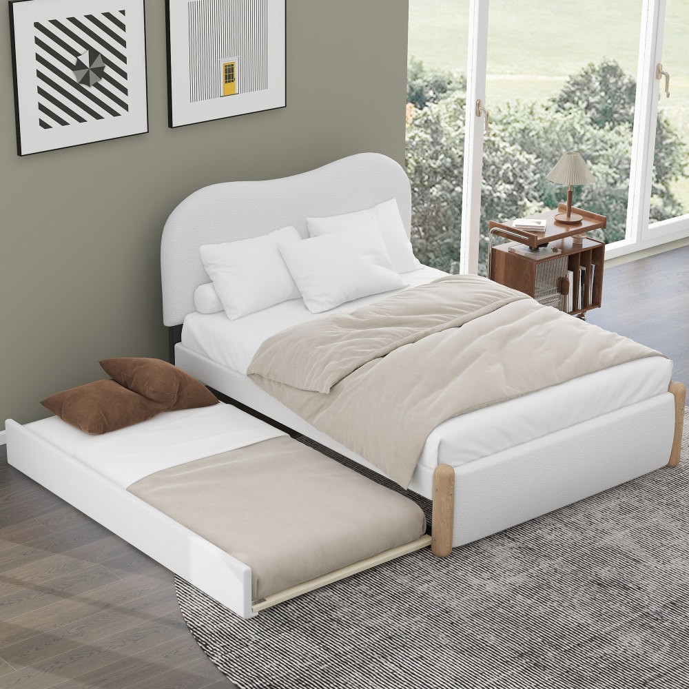 Full Size Upholstered Platform Bed with Wood Supporting Feet and Twin Size