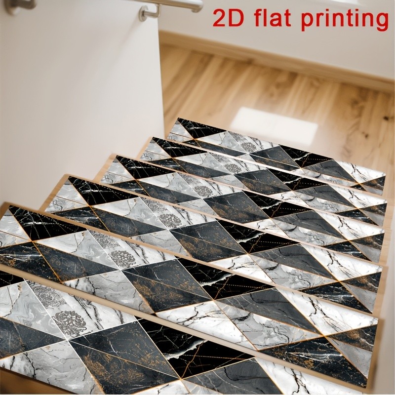 Black And Gray Marble Geometric Triangle Pattern 2D Flat Stair Mat, Non-Slip S gallery