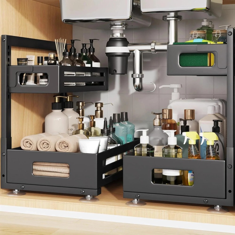 2 Pack Under Sink Organizer,Pull Out Cabinet Organizer with Smooth Cylindrical R