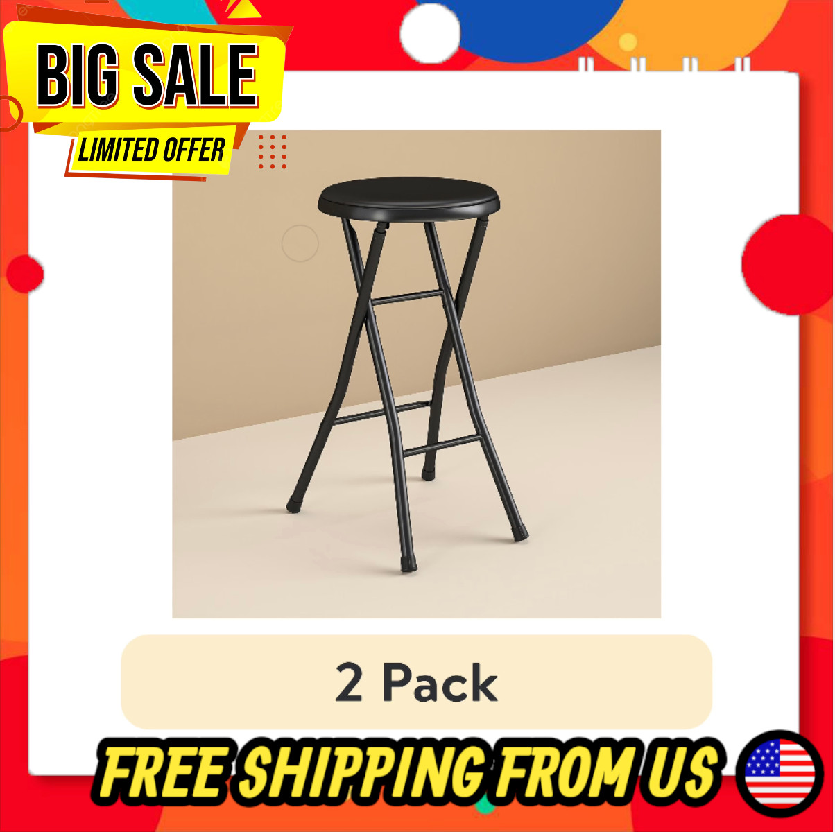 (2 pack) Mainstays 24" Vinyl Padded Folding Stool, Black gallery
