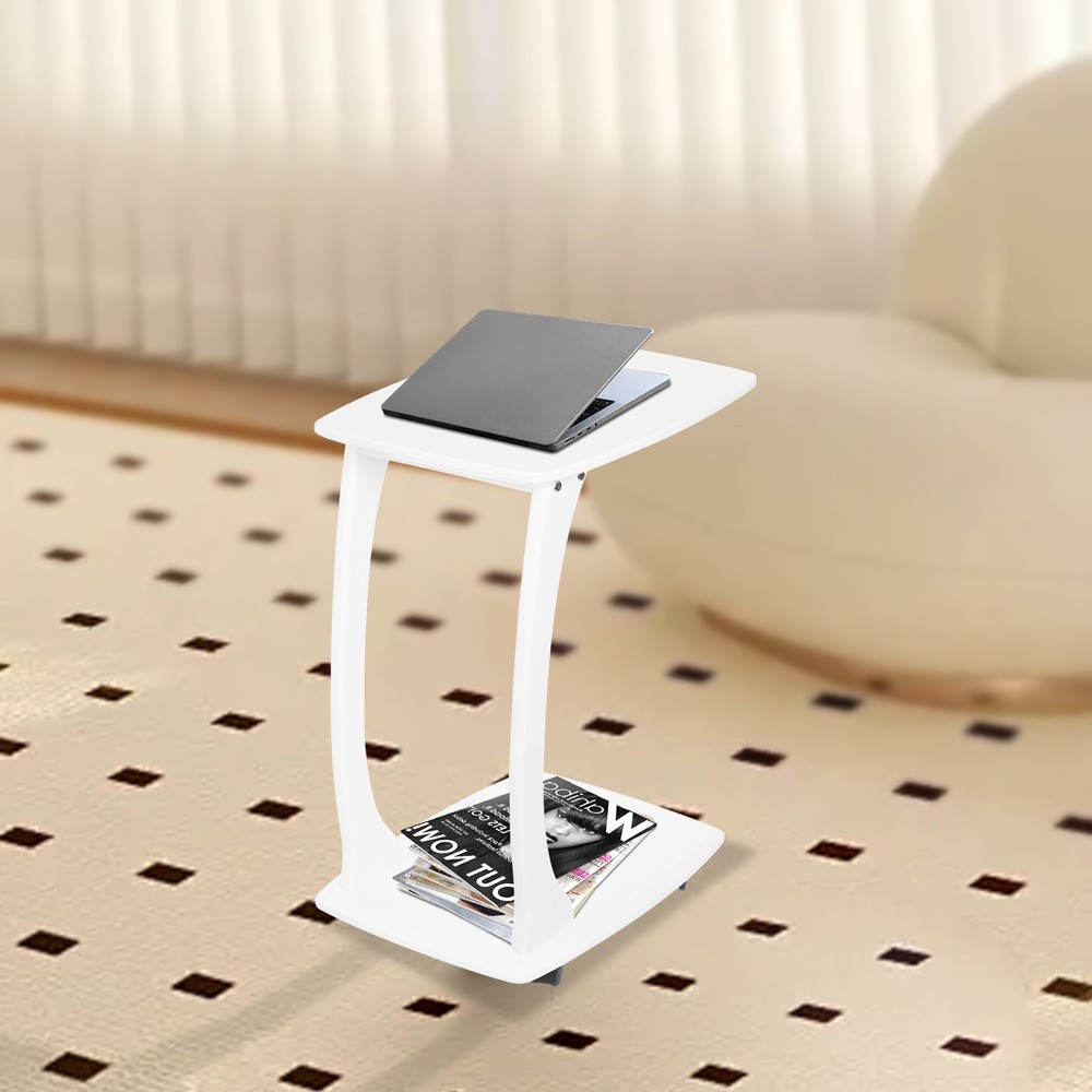 C-Shaped Side Table with Wheels Mobile End Table with Wood Frame Nightstand