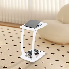 C-Shaped Side Table with Wheels Mobile End Table with Wood Frame Nightstand