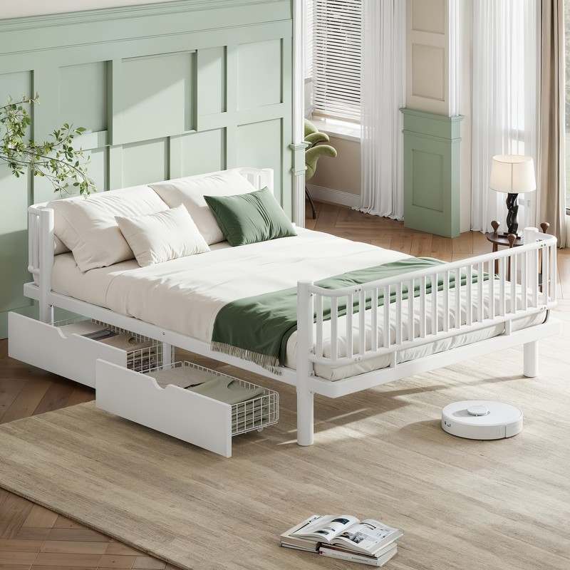 Queen Size Metal MDF Platform Bed Frame Daybed Slatted W/ Storage Drawers White gallery