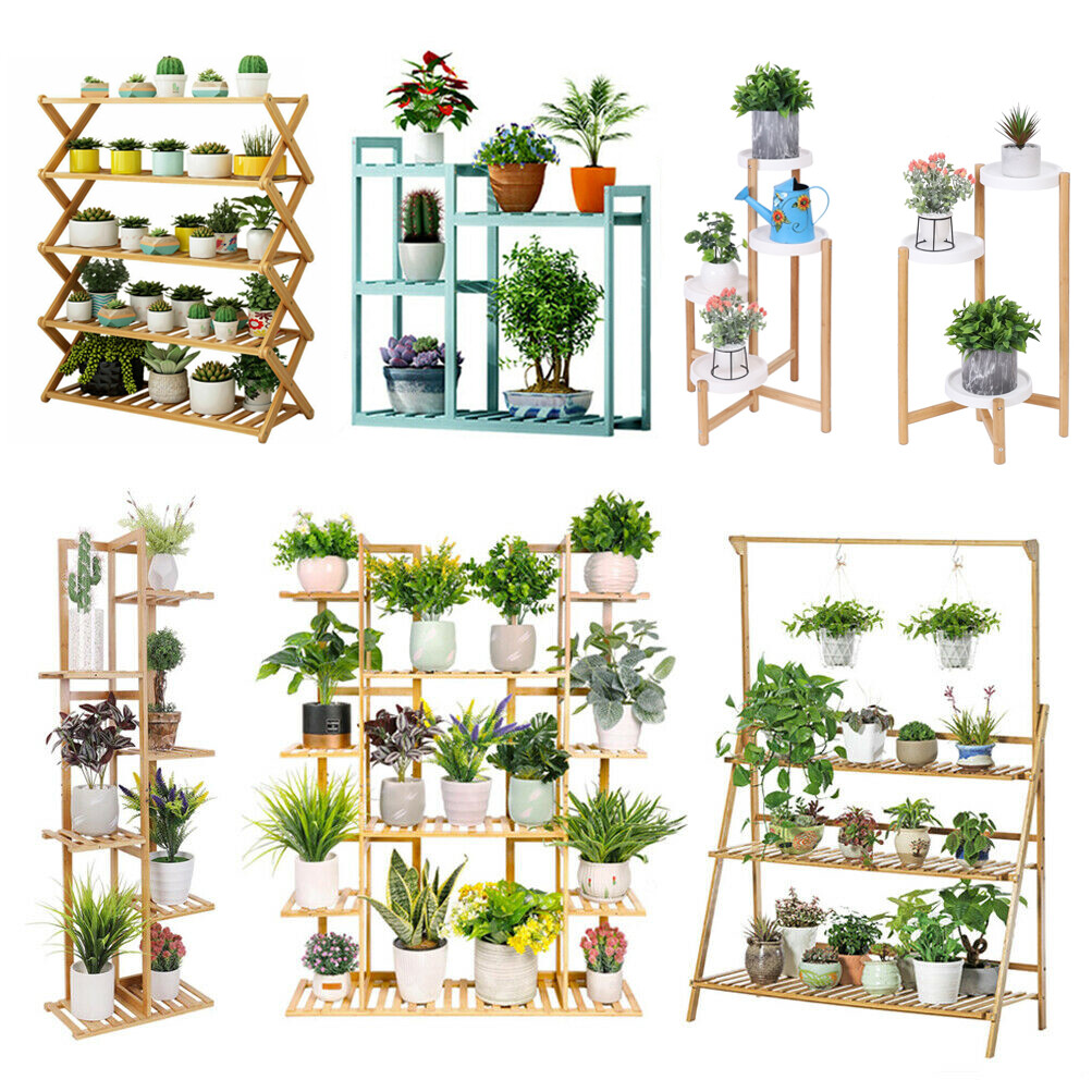 Various Bamboo Plant Stand Rack Multi Wood Shelves Bonsai Flower Display Storage gallery