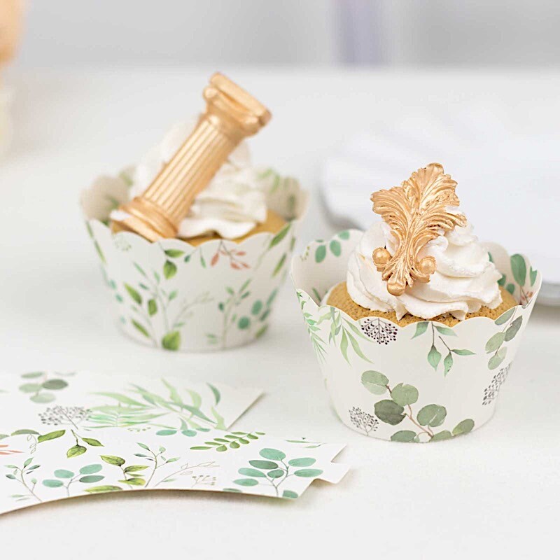 25 White Paper Cupcake WRAPPERS Green Eucalyptus Leaves Print Party Decorations gallery