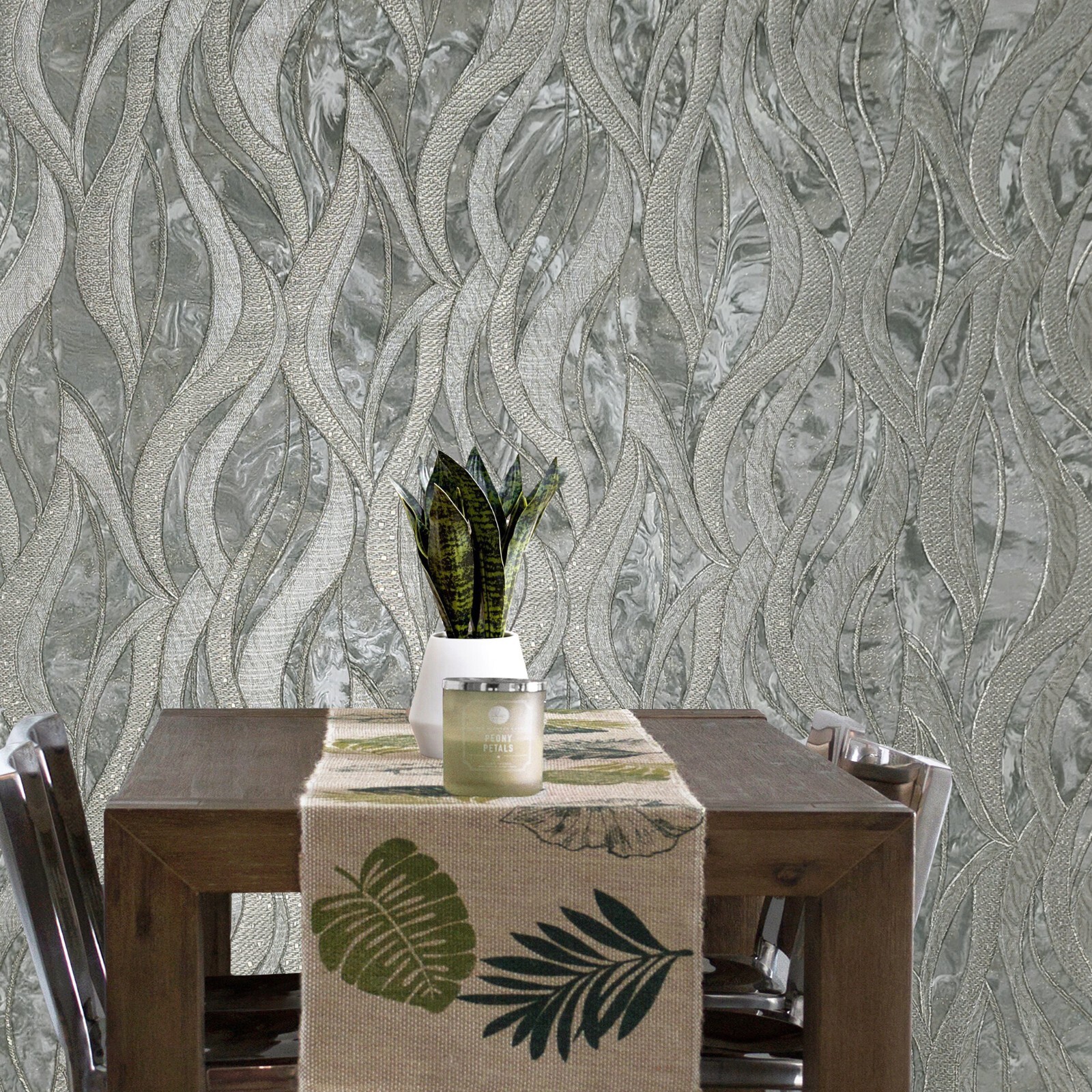 Gray Taupe gold metallic reflection textured wave lines faux fabric Wallpaper 3D gallery