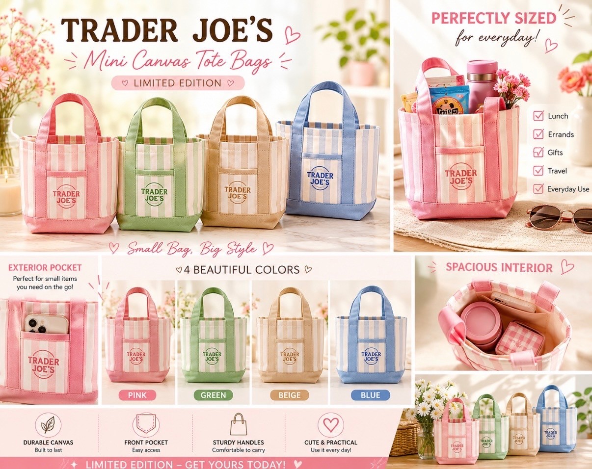 Trader Joe’s Mini Tote Bag 4-Pack Set Pink Blue Green Beige New gallery