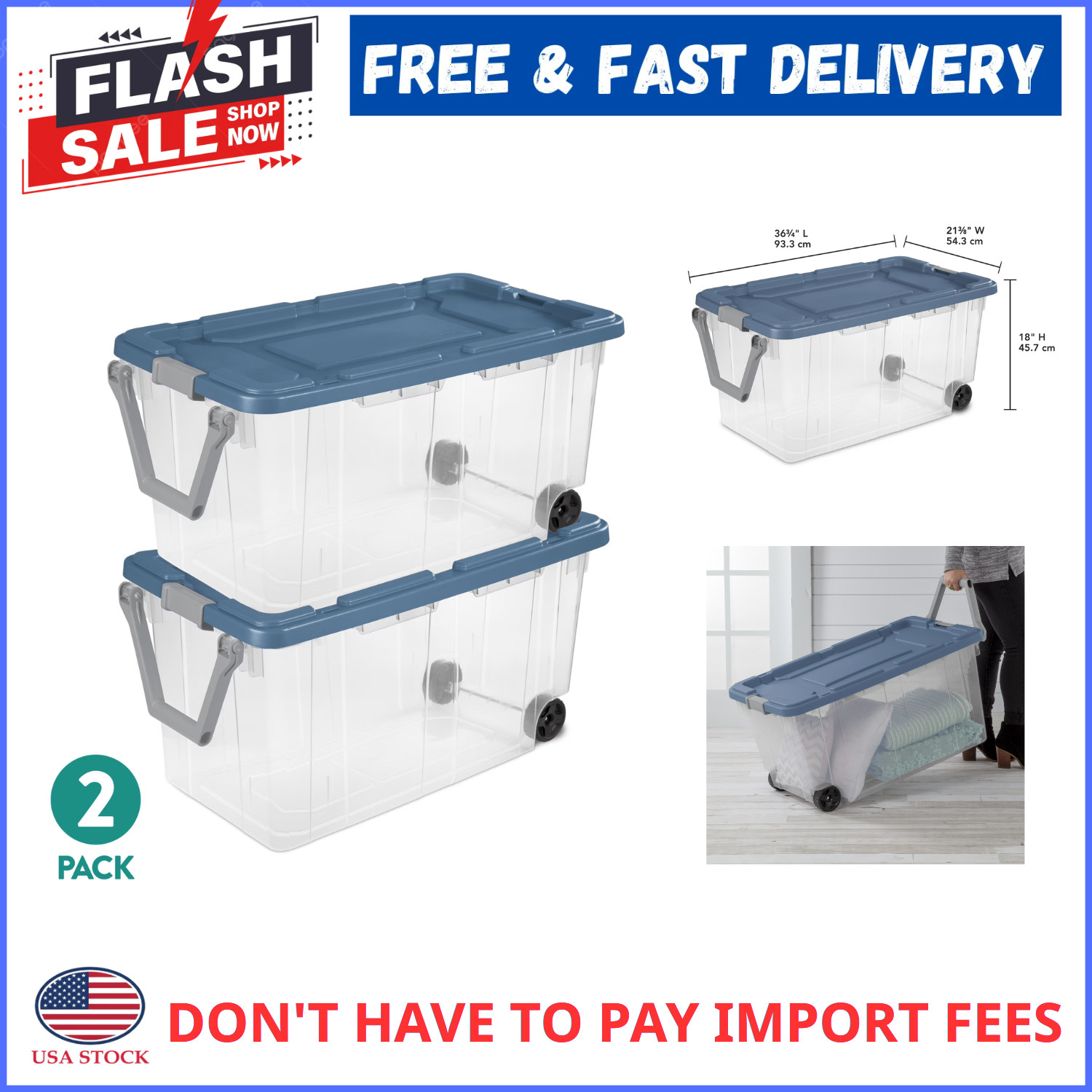 Sterilite 160 Qt Wheeled Rugged Storage Bin Latching Lid Clear Blue 2 Pack gallery