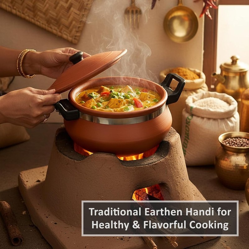 Clay Cooking Handi with Lid Terracotta Earthen Pot for Curry & Dal Handi - 1 L gallery