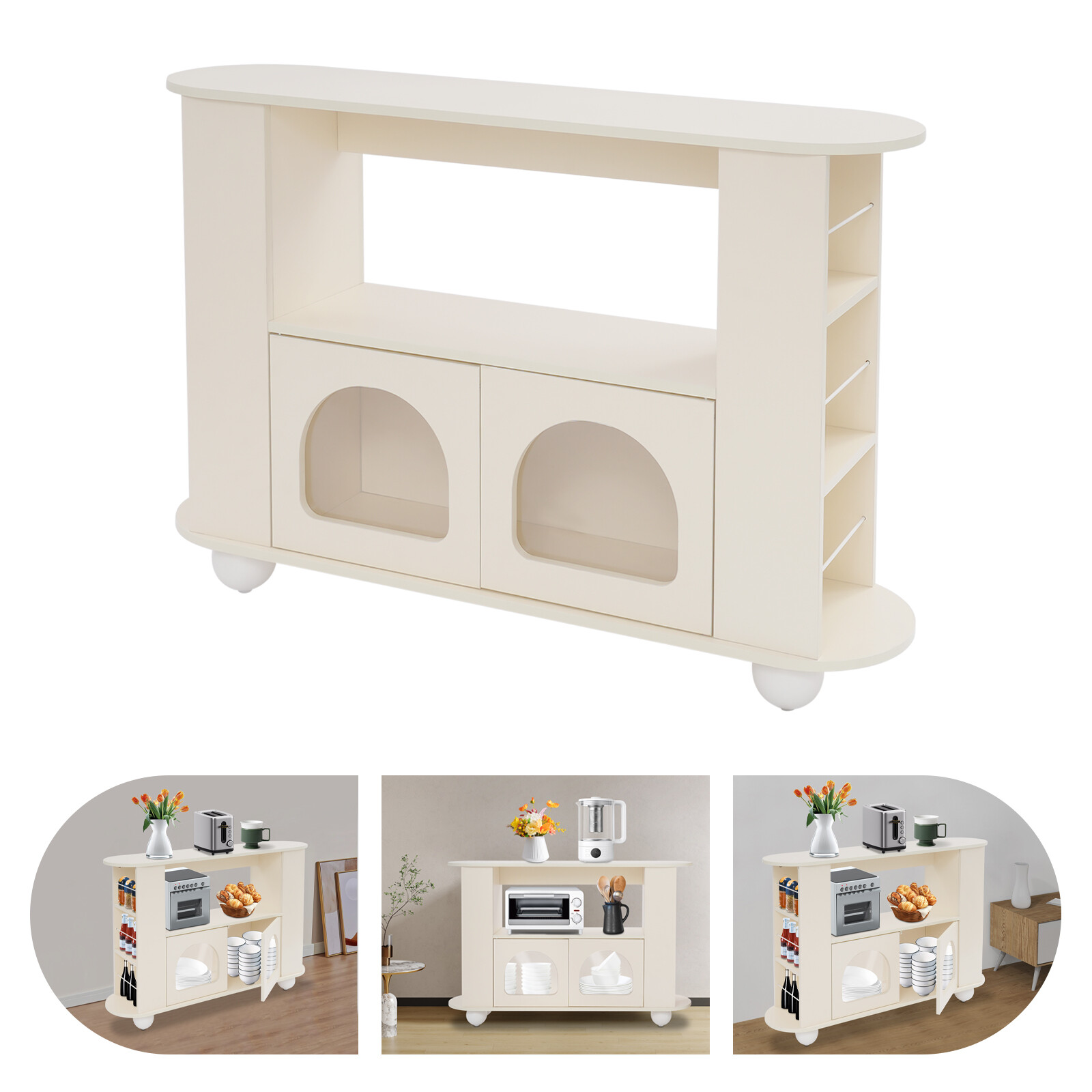Kitchen Island Cream Color Sideboard Storage Cabinet with Doors and Open Shelves gallery