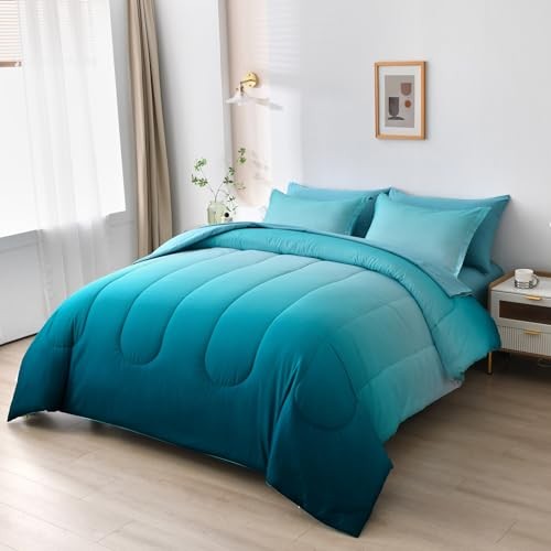 7 Pieces Teal Comforter Set Lightweight Gradient Teal Green King Light Teal gallery