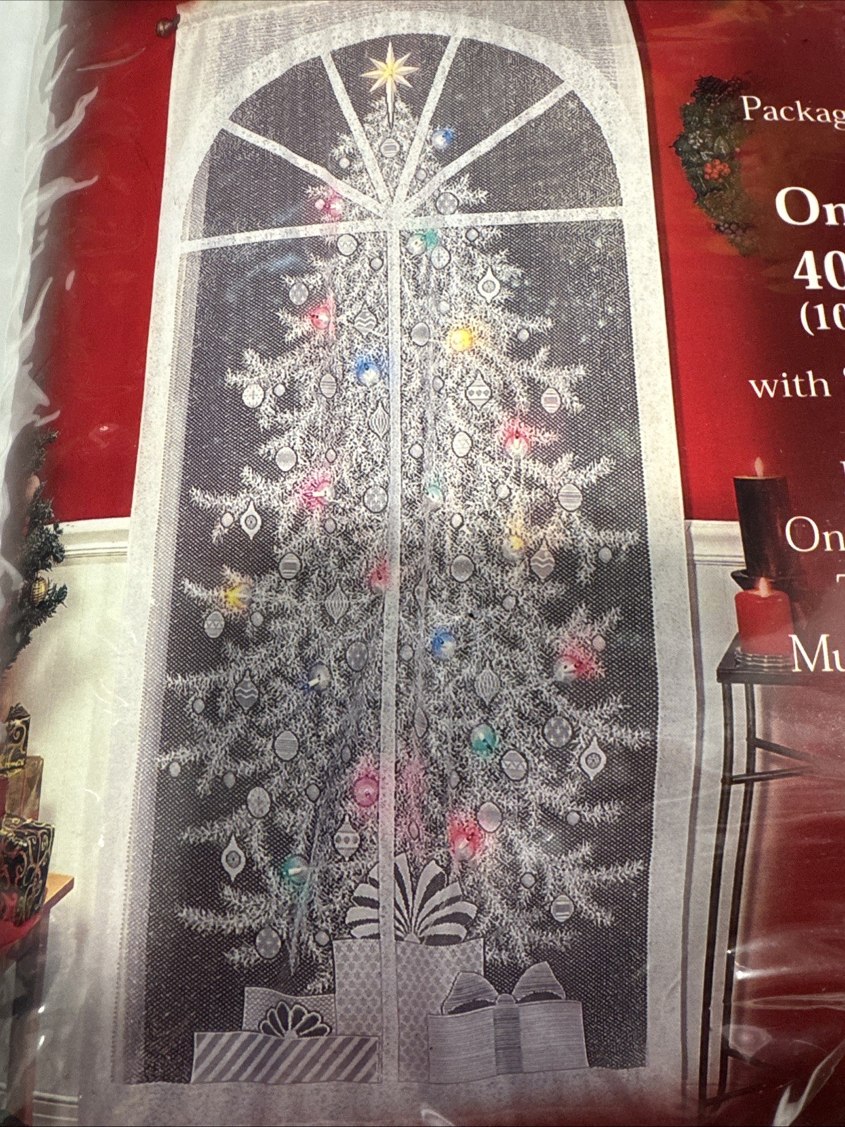 Christmas Tree Lace Curtain Panel 40" x 84" Quaker Lace 20 Light Kit Included gallery