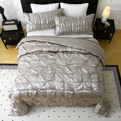 Satin Comforter Set Size, 3-Piece Pinch Pleat Bedding Sets, Queen Light Grey gallery