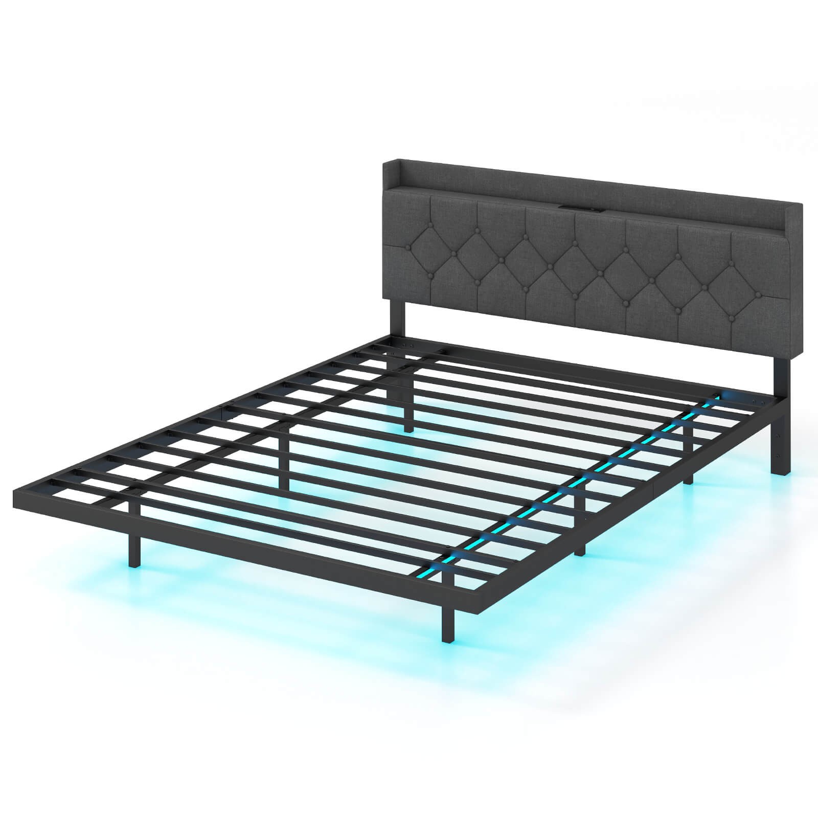 Queen Size Floating Bed Frame with LED Lights Adjustable Upholstered Headboard gallery
