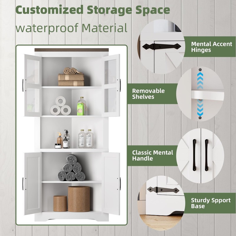 Tall Storage Cabinet，Farmhouse Corner Cabinet, with 4 Door and Adjustable Shelve gallery