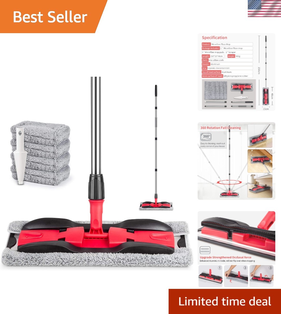 Durable 59" Microfiber Mop with 4 Washable Pads for Hardwood & Tile Cleaning gallery