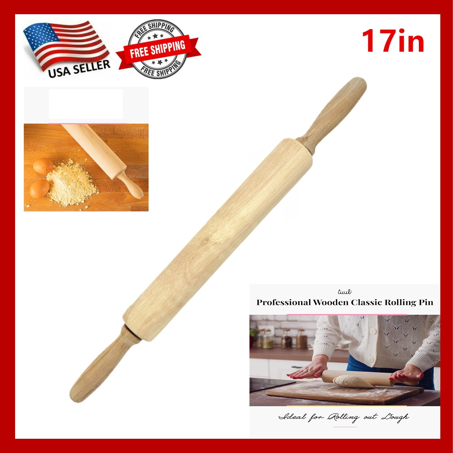 17'' Classic Rolling Pin for Baking, Pastry, Pizza, Long Beech Wood Dough Roller gallery