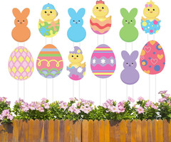 12 Pcs Easter Egg Planter Stakes-11 Inch Bunny Egg Chick Planter Stakes-Easter Y