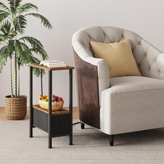 Rustic Brown Narrow Side Table Charging Station USB Ports Outlet 1 Drawer