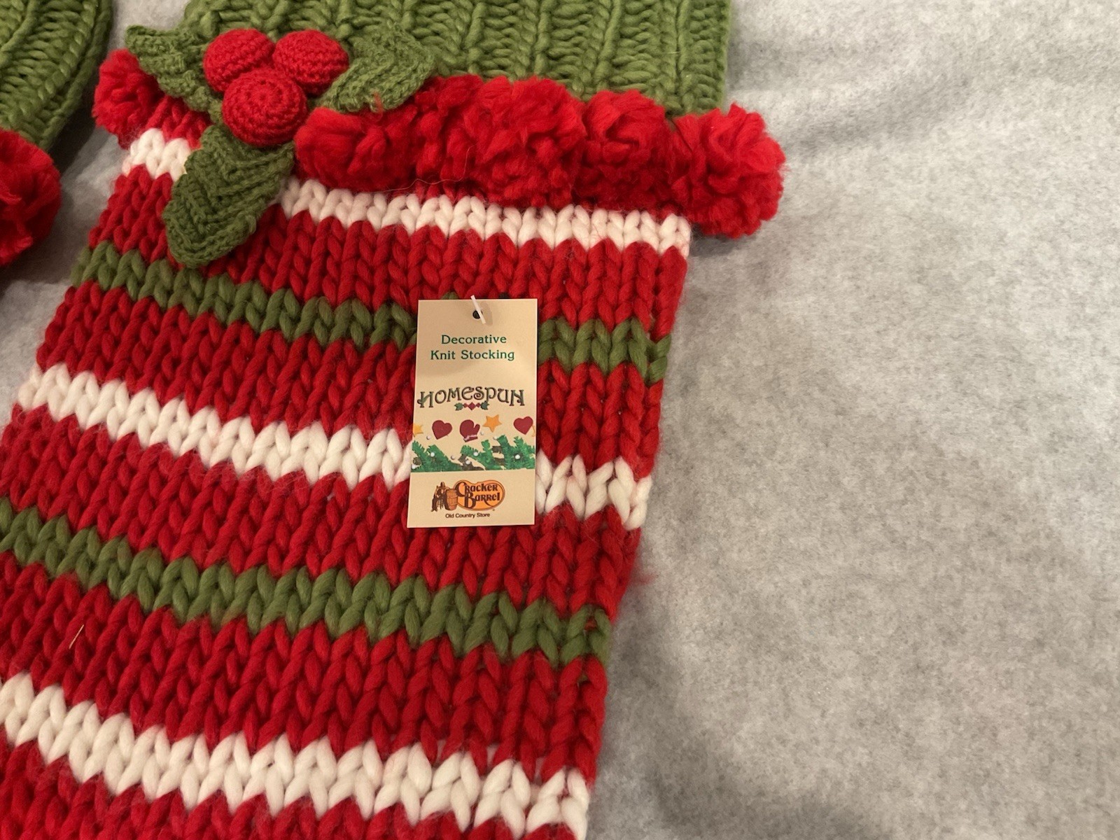 NWT Cracker Barrel Knitted Mistletoe Pom Pom Stockings Christmas Stocking Set 2 gallery