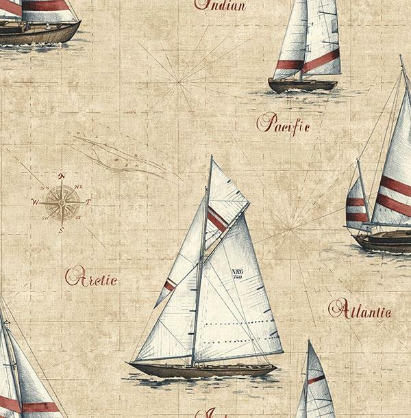 Wallpaper Nautical Off White Blue Red Sailing Ships on Cream Map , 56 Sq Ft Bolt gallery