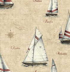 Wallpaper Nautical Off White Blue Red Sailing Ships on Cream Map , 56 Sq Ft Bolt