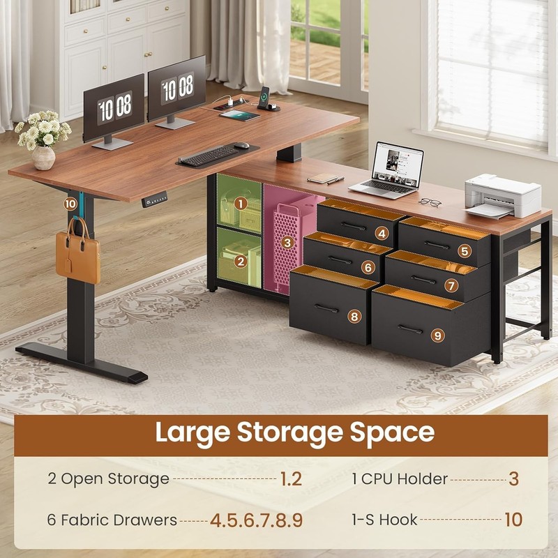 L Shaped Electric Standing Desk with 6 Drawers, Height Adjustable Computer Desk gallery