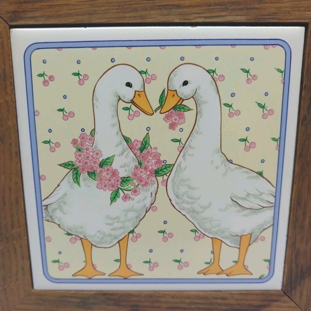 Vintage Country Goose Ceramic Tile Trivet Wood Frame Cottagecore Farmhouse Decor gallery