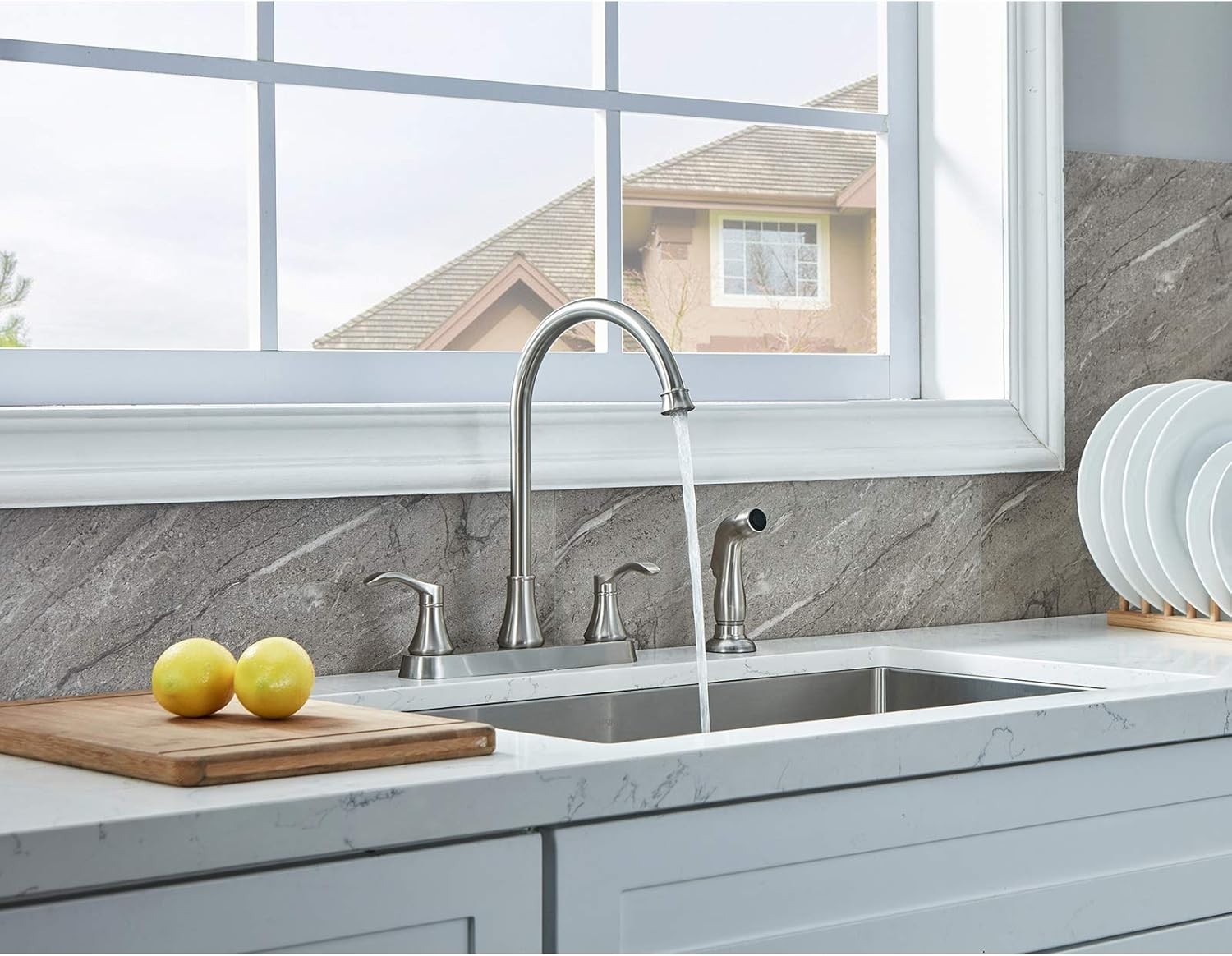 3 Hole or 4 Hole Two Handle Kitchen Faucet with Side Sprayer, Commercial Lead-Fr gallery