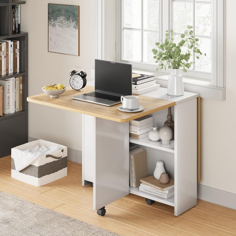 Folding Dining Table with 6 Wheels Storage Racks for Small Kitchen Saving Space gallery