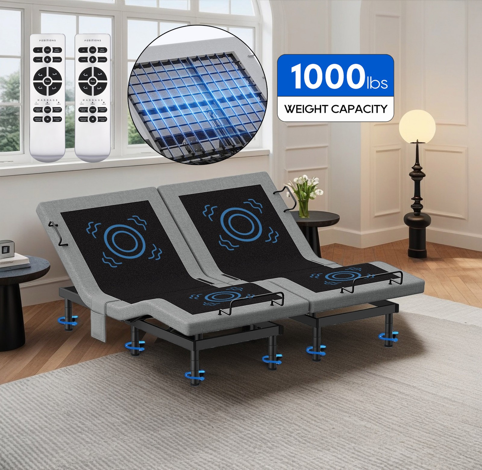 Split King Adjustable Bed Frame with Massage Power Base Remote USB for Recovery gallery