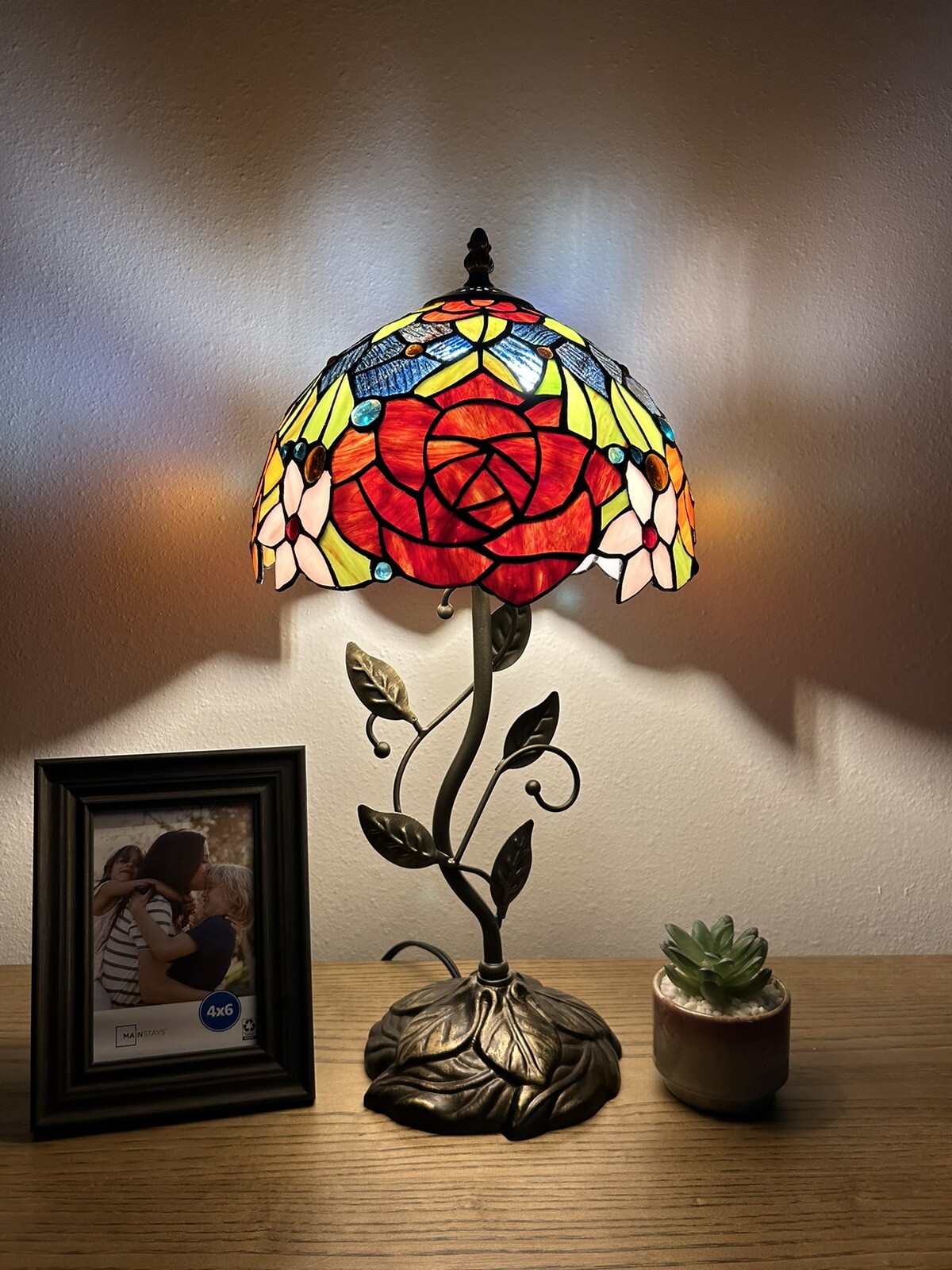 Tiffany Style Table Lamp Rose Flowers Stained Glass Included LED Bulb H20”W10 In gallery