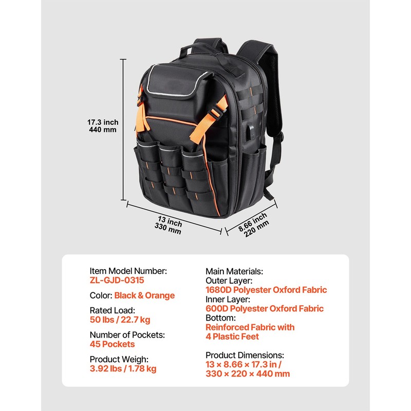 Tool Backpack 45 Pockets Tear-resistant Jobsite Backpack for Electrician gallery