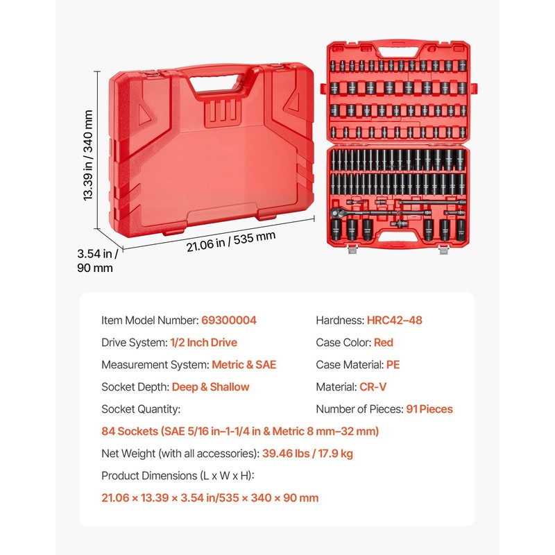 1/2in Drive 91-Piece Impact Socket Set, 6 Point Deep/Shallow, SAE/Metric gallery