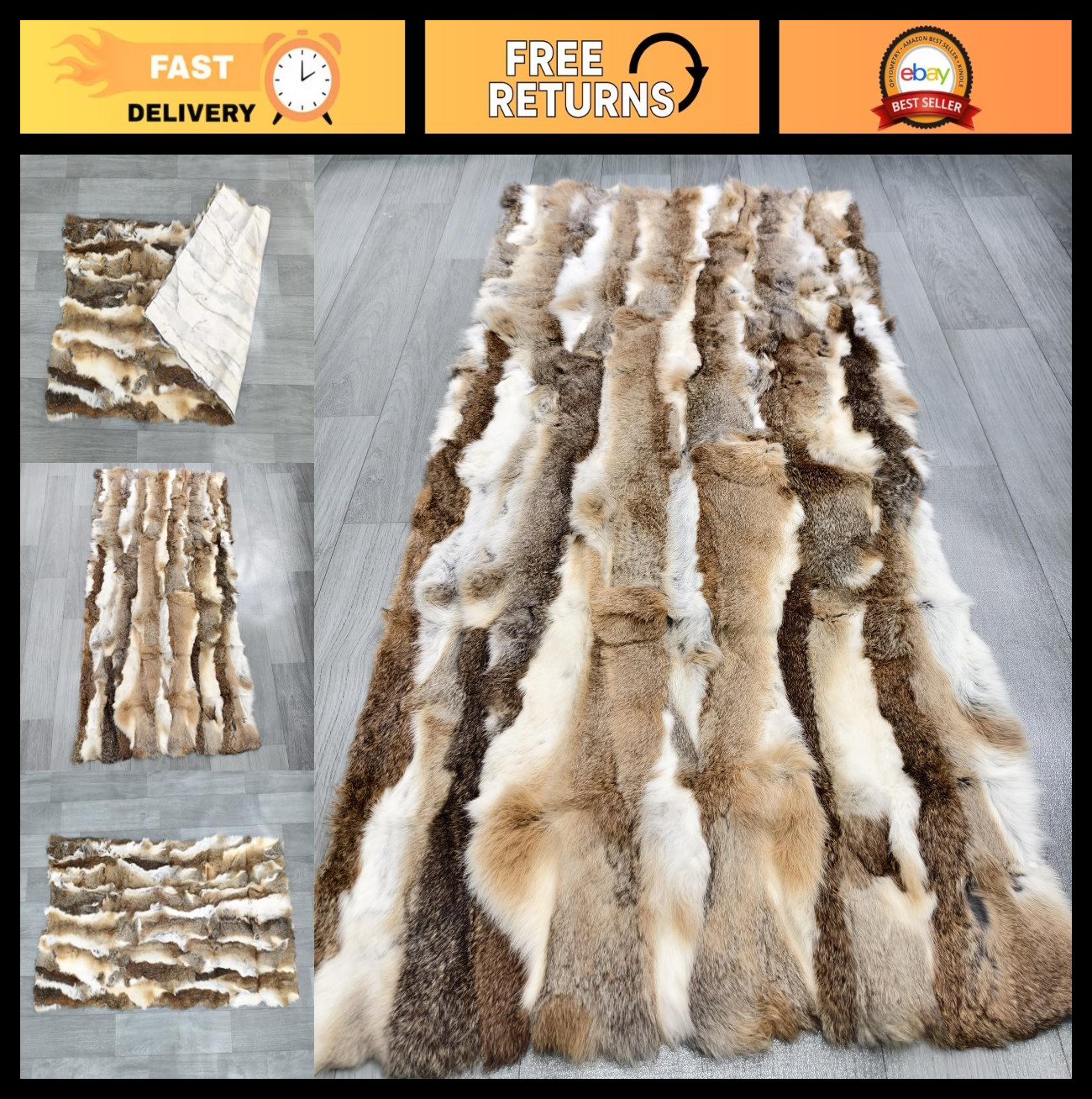 Cozy Natural Rabbit Fur Throw Blanket & Rug - Soft Warm Lush Home Decor 21.65"x4 gallery