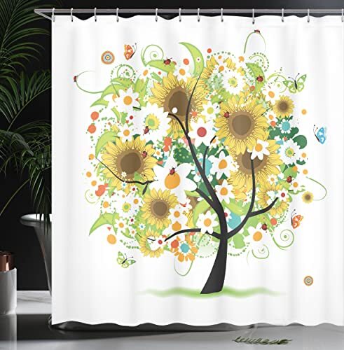 Sunflower Shower Curtain, Floral Tree with Daisies 69" W x 70" L Green Black gallery