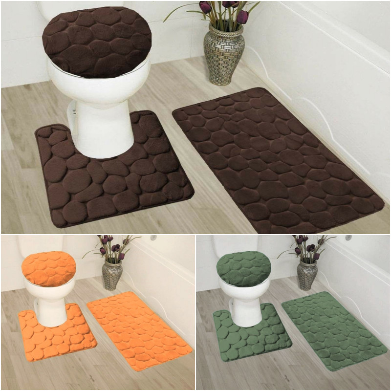 NEW 3PC SET BATH MAT RUGS LID COVER SUPER SOFT MEMORY FOAM CUSHION COMFORT ROCK gallery