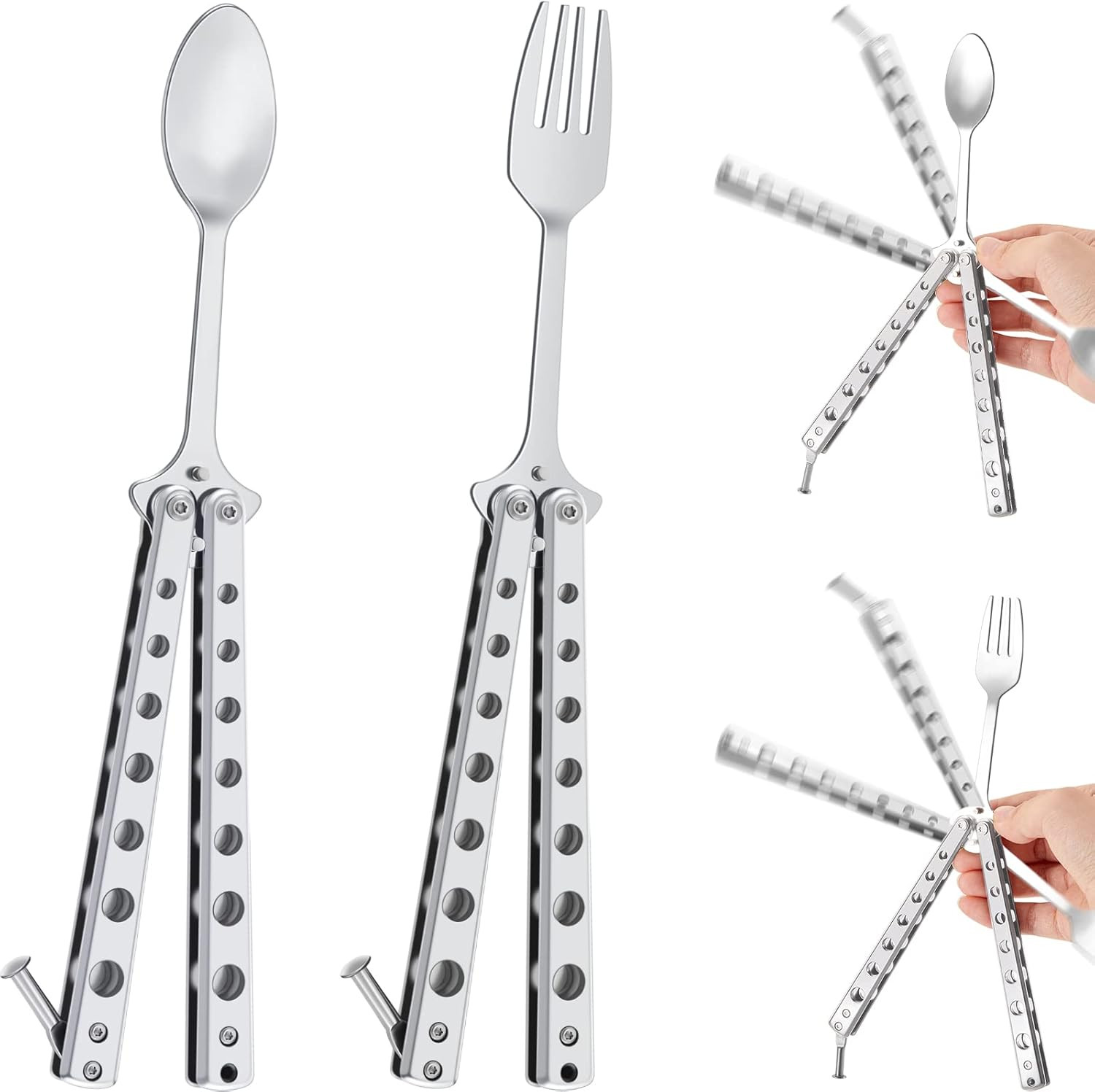 Flutesan 2 Pcs Butterfly Fork and Spoon Set, Tactical Butterfly Spoon Folding St gallery