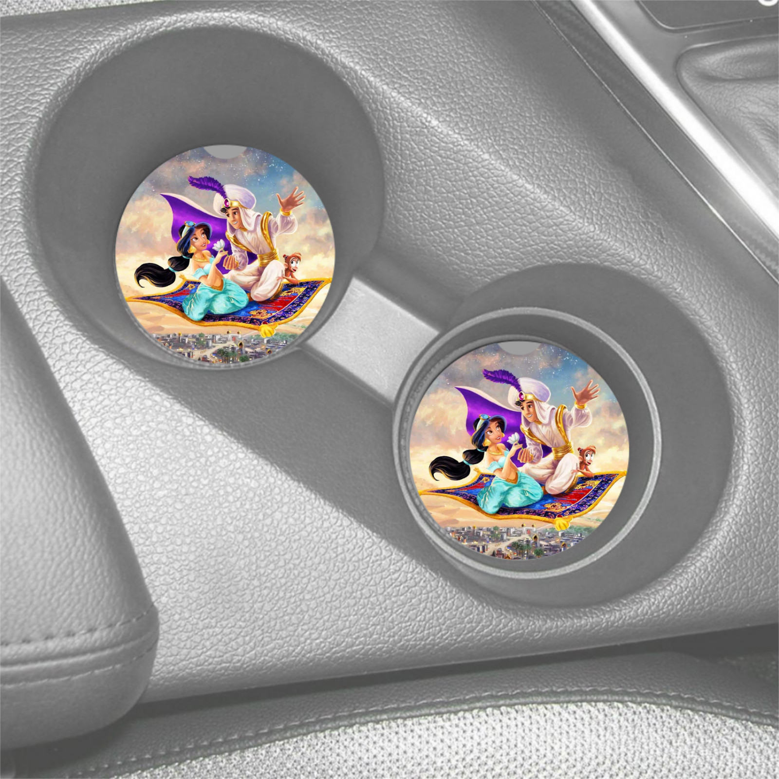JASMINE & ALADDIN CARPET RIDE CUSTOM SANDSTONE CAR COASTERS ABSORBENT SET (2) gallery