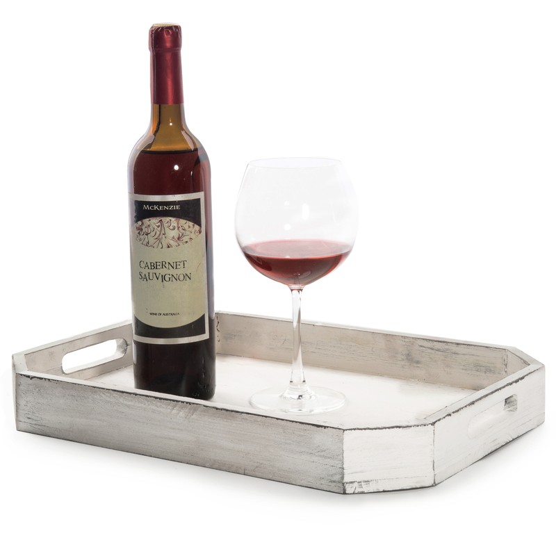 MyGift Rustic Whitewashed Wood Serving Tray with Cut-out Handles and Angled Edge gallery