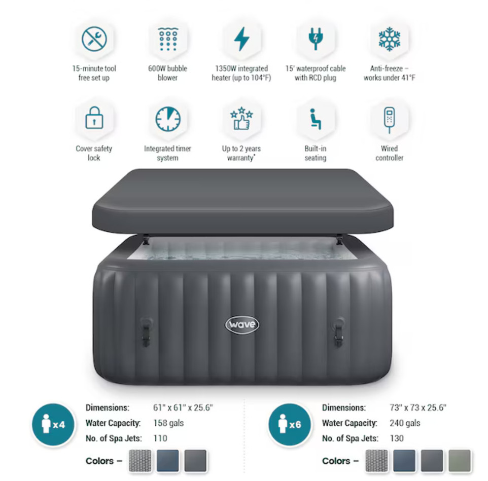 Wave Dark Gray Square Inflatable Spa Hot Tub 104F Cover Included Offer gallery