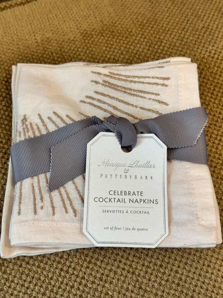 Pottery Barn Monique Lhuillier Set/4 CELEBRATE Embroidered COCKTAIL Napkins 10”