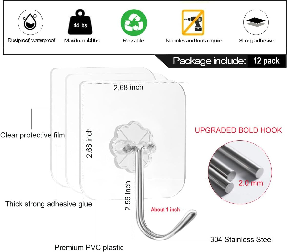 Adhesive Wall Hooks No Damage for Hanging, 12 Pack Large Self Sticky Hooks Heavy gallery