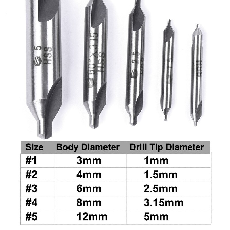 5Pc Combined Center Drill Bit Set Premium HSS Countersink #1, #2, #3, #4 and #5 gallery