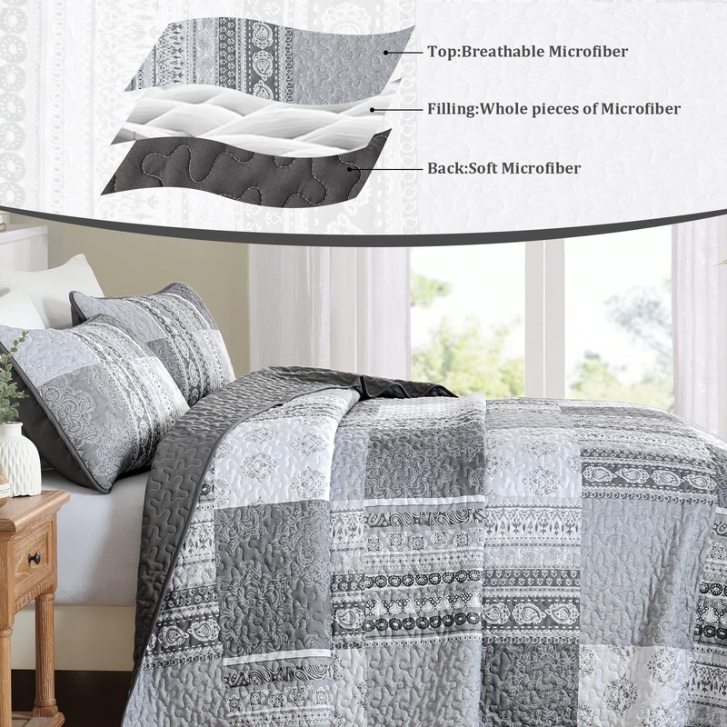 Grey Quilt Set Queen Size Boho Patchwork Bedspread Coverlet 3 Pieces, Bohemia... gallery