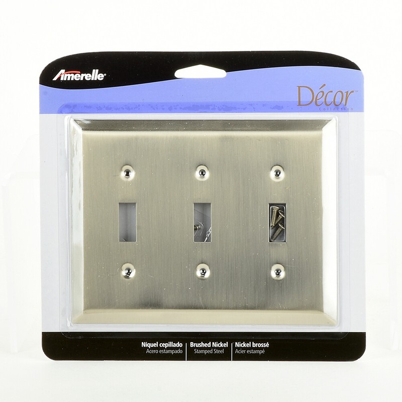 Triple 3 Toggle Outlet Switch Wall Plate Cover Century Brushed Nickel Steel Lot gallery