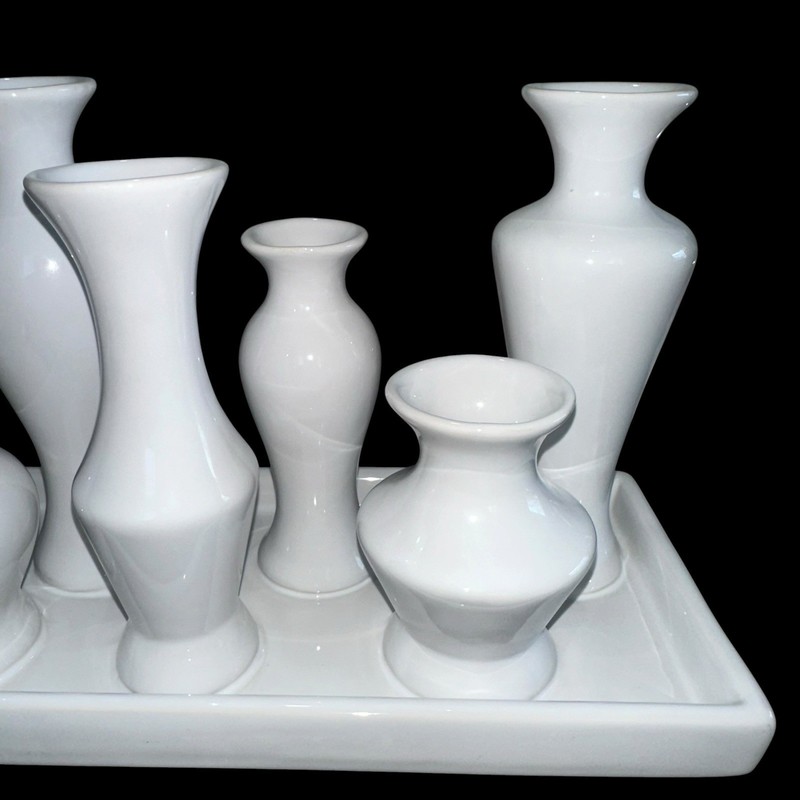 7 Bud Vases Attached Together On The Base, Ceramic Unique Art Deco White gallery